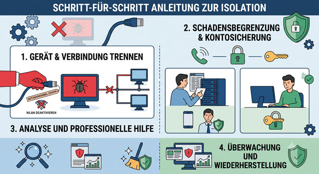 Grafik mit Hinweisen, welche Schritte im Falle eines Angriffs zu erledigen sind. Bild: Gemini (Bild erstellt mit KI)