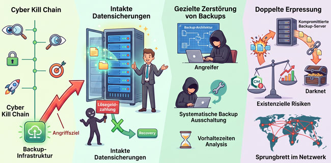 Cyber Kill Chain: Grafik zeigt – je nach Backup-Lage – einen erfolgreichen und erfolglosen Cyberangriff. Bild: Gemini (Bild erstellt mit KI)
