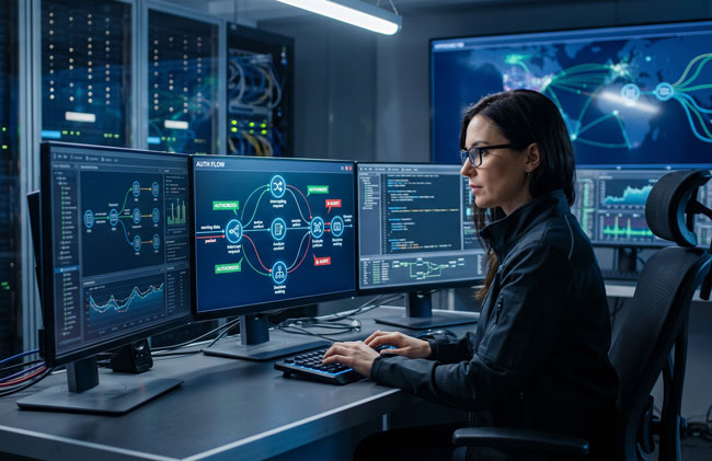 Runtime Identity | Mitarbeiterin überwacht, ob IT funktioniert. Bild: Gemini (Bild erstellt mit KI)
