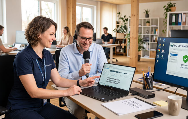 Sprachsteuerung im Büro, eingerichtet von Fachleuten für mehr IT-Sicherheit. Bild: Gemini (Bild erstellt mit KI)