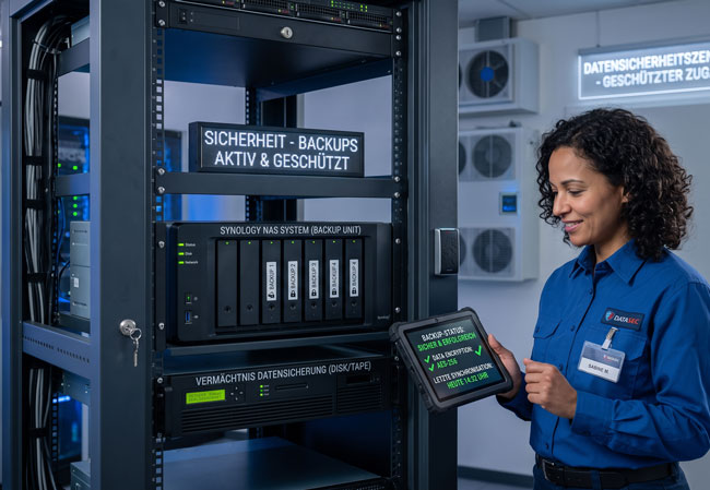 Mitarbeiterin im Serverraum sichert Backups. Bild: Gemini (Bild erstellt mit KI)