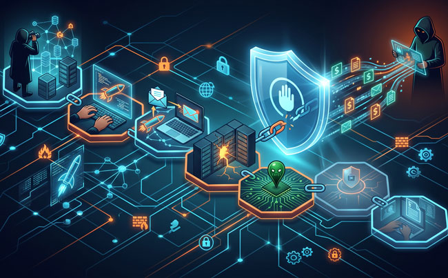 Grafische Darstellung, wie eine Cyber Kill Chain funktioniert. Bild: Gemini (Bild erstellt mit KI)