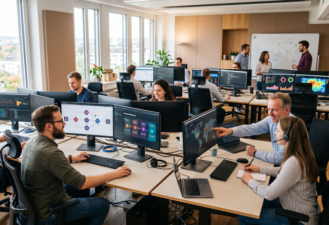 Cyber Kill Chain: Großraumbüro mit zahlreichen Mitarbeitern an Computern. Bild: Gemini (Bild erstellt mit KI)