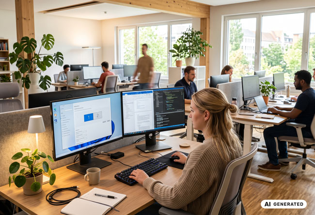 Büro, Mitarbeiter arbeiten, eine Mitarbeiterin stellt ihren zweiten Monitor ein. Bild: Gemini (Bild erstellt mit KI)