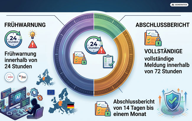 Cyber Resiliance Act: Grafik als Kreisdiagramm, die beschreibt, wie lange Unternehmen Zeit haben, ihren Meldepflichten nachzukommen. Bild: Gemini (Bild erstellt mit KI)