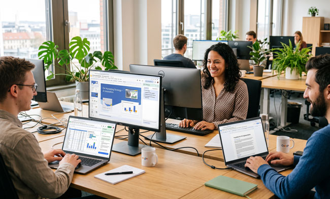 Gemini deaktivieren: Drei Personen im Büro bei der Computerarbeit. Bild: Gemini (Bild erstellt mit KI)