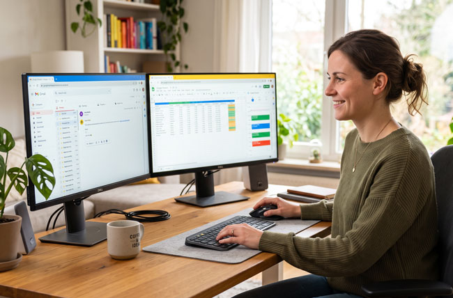 Frau am Schreibtisch arbeite mit Google-Produkten. Bild: Gemini (Bild mit KI erstellt)