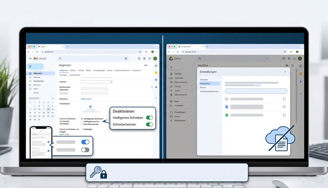 Bildschirm mit grafischen Darstellung von Gmail und Google Drive. Bild: Gemini (Bild erstellt mit KI)