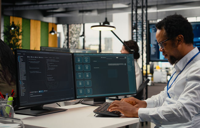Mitarbeiter im Büro mit zwei Bildschirmen. Bild: stock.adobe.com/DC Studio https://stock.adobe.com/de/images/programmer-in-office-using-ai-llm-chatbot-to-get-help-optimizing-systems-performance-metrics-it-worker-in-tech-agency-utilizing-generative-ai-llm-assistant-for-faster-software-development-camera-a/1897655220