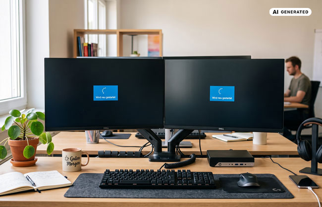 Zweiten Monitor anschließen: Büro mit Schreibtischen, auf denen zwei Monitore stehen. Klappt die Verbindung nicht, hilft ein Systemneustart bei eingeschalteten Monitoren. Bild: Gemini (Bild erstellt mit KI)